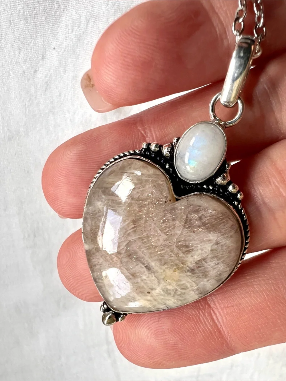 925 OMG OMG Blue Flash Peach Moonstone ❤️ Heart Pendant Necklace